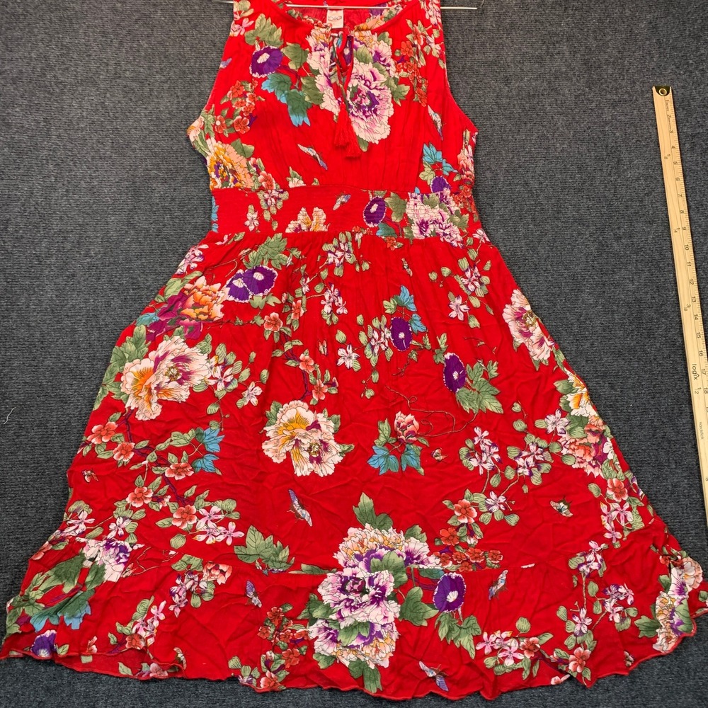 Bila Floral Boho Dress L Red Peasant Smocked Waist Cottagecore Summer Festival